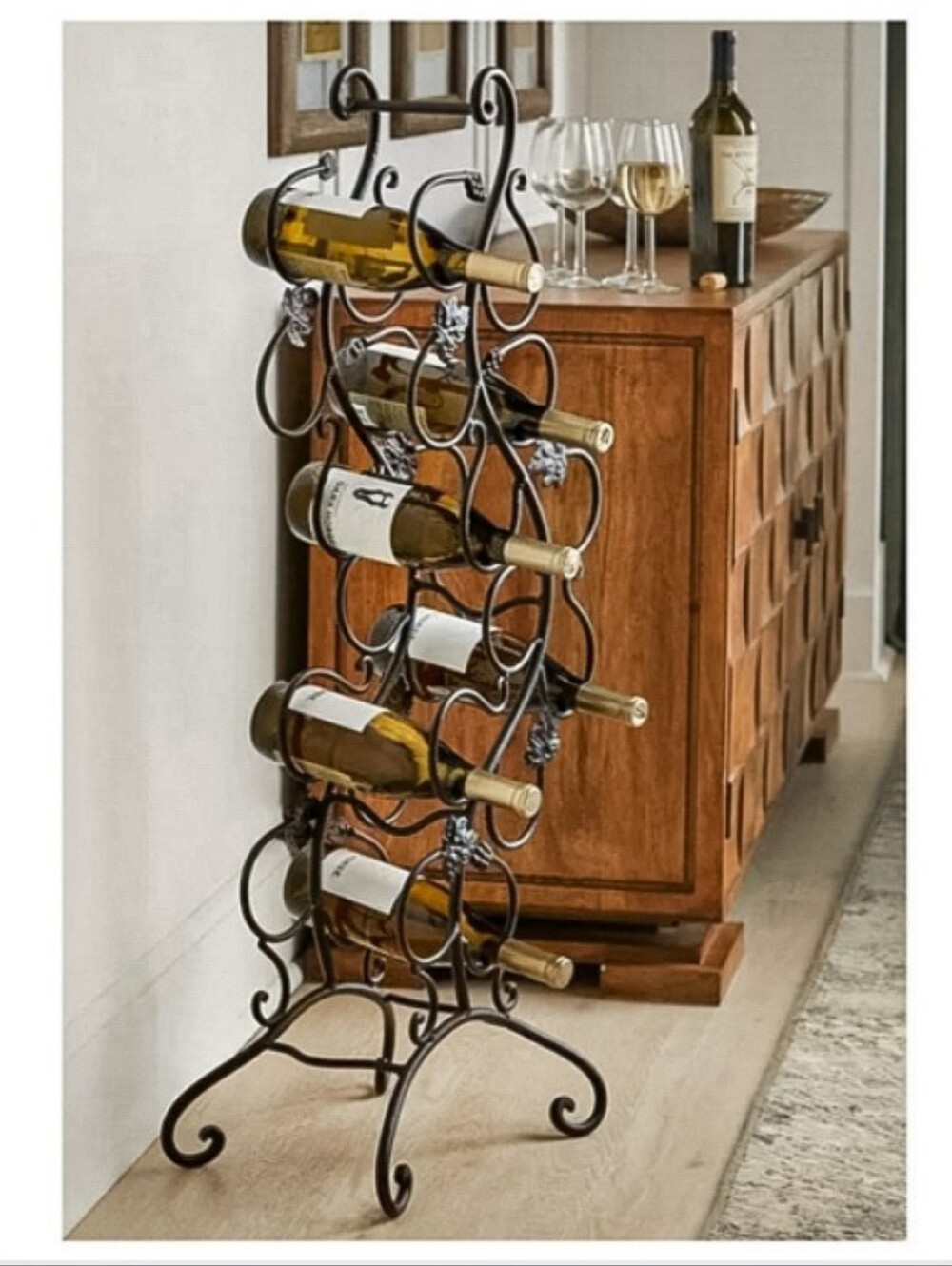 40" Free Standing Handcrafted Grapevine Wine Rack - Black Wrought Iron Decor